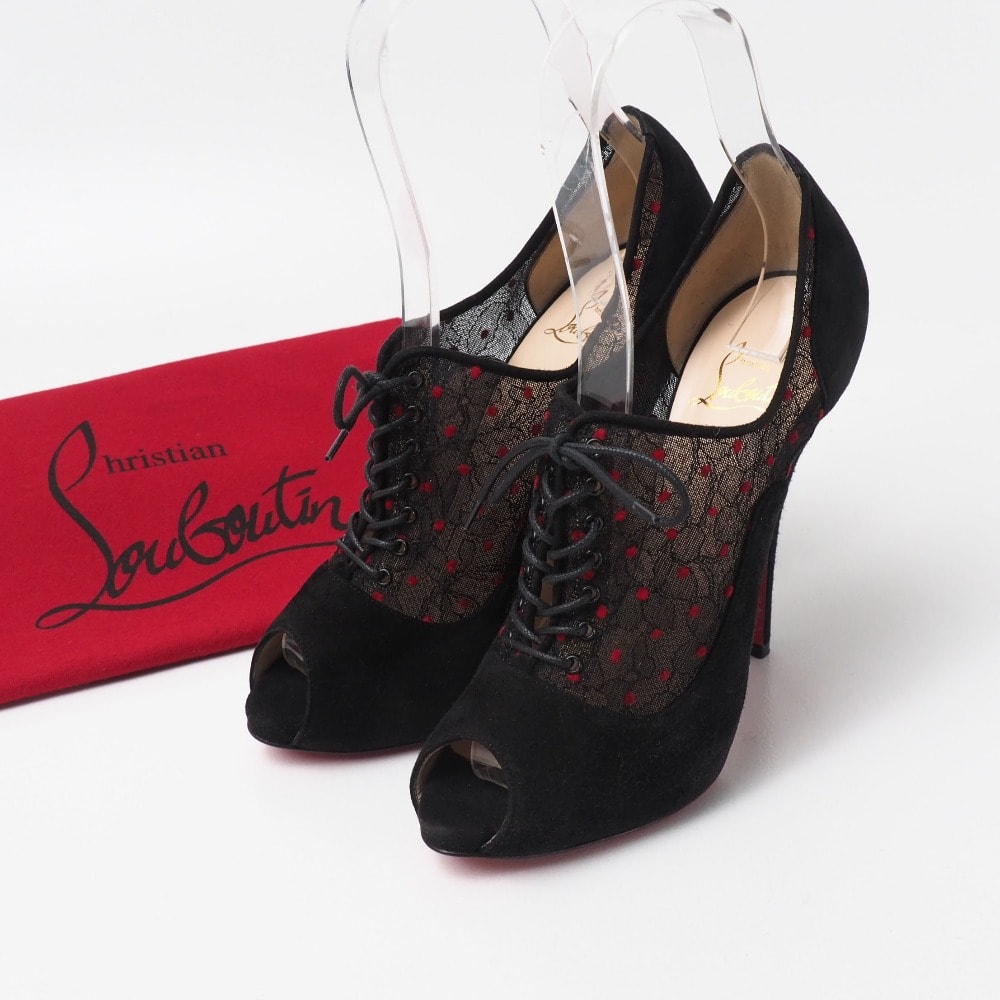 ■美品■Christian Louboutin クリスチャンルブタン パンプス サイズ38 ドット スエード レース オープントゥ ハイヒール ブランド古着【中古】20261016/RB1123
