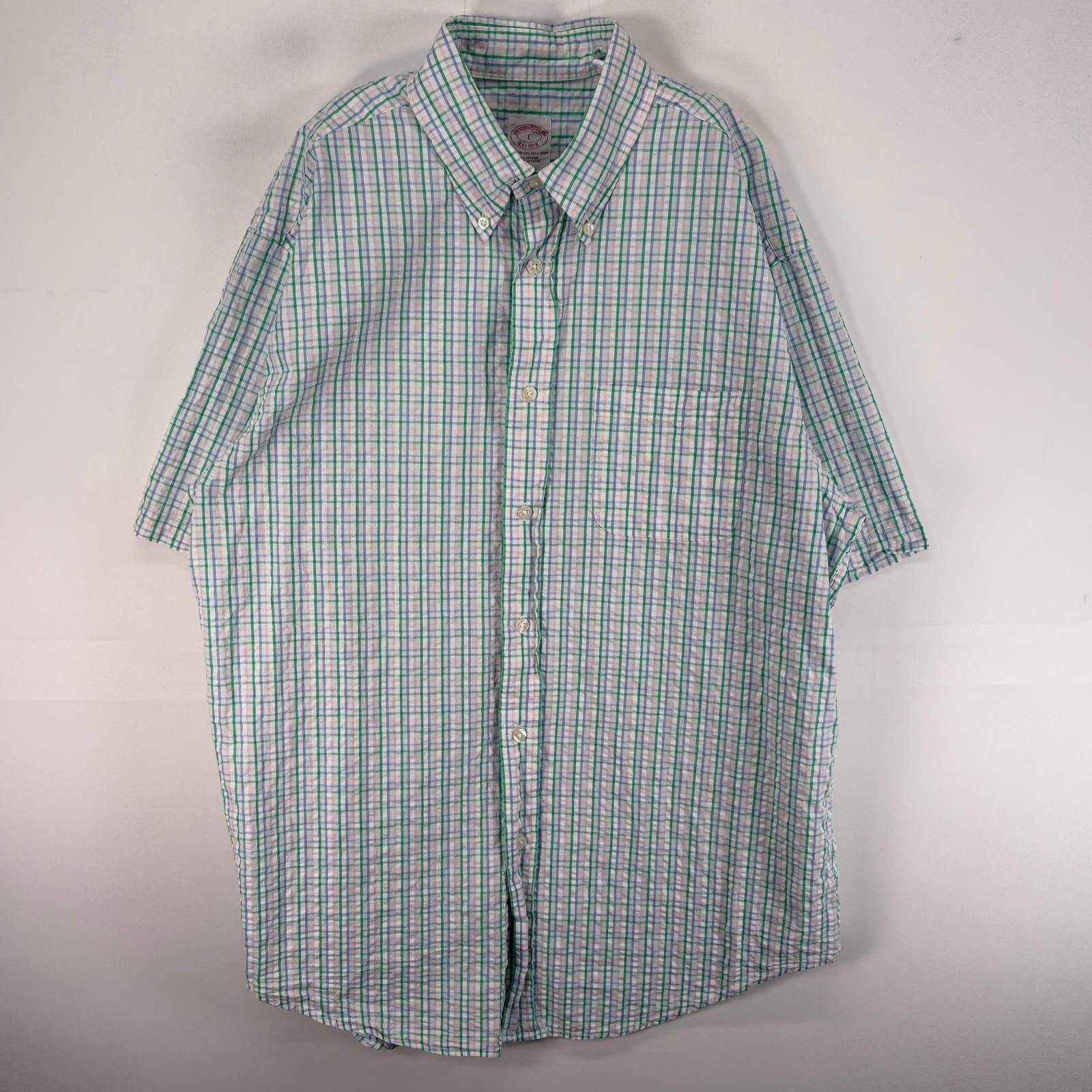 古着 ブルックスブラザーズ Brooks Brothers 半袖シャツ ボタンダウン 胸ポケ L  グリーン系 チェック メンズ