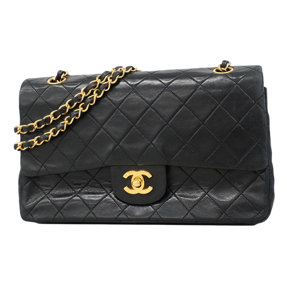 ★SALE【6ee5338-h】シャネル ショルダーバッグ マトラッセ Wフラップ Wチェーン ラムスキン ブラック ゴールド金具【中古】レディース