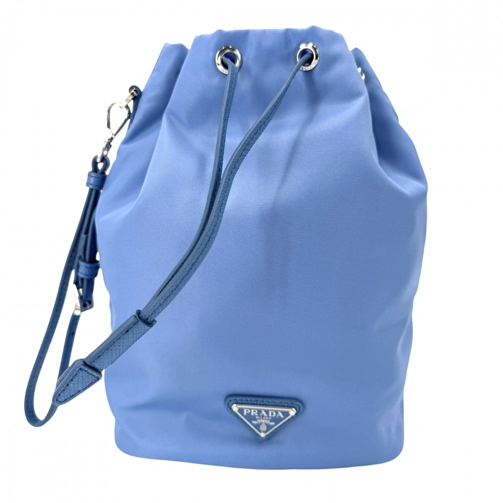 PRADA プラダ ハンドバッグ ポーチ 巾着バッグ 1NS369 ナイロン レザー ライトブルー シルバー金具 レディース 美品【中古品】