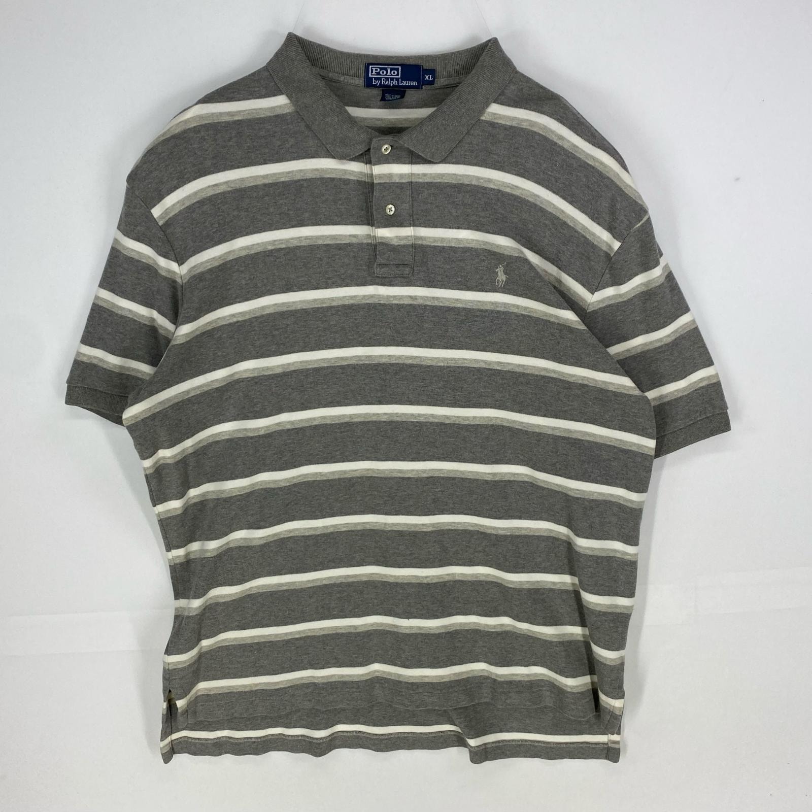 古着 ポロバイラルフローレン Polo by Ralph Lauren 半袖シャツ ワンポイントロゴ刺繍 ポロシャツ XL グレー系 ボーダー メンズ