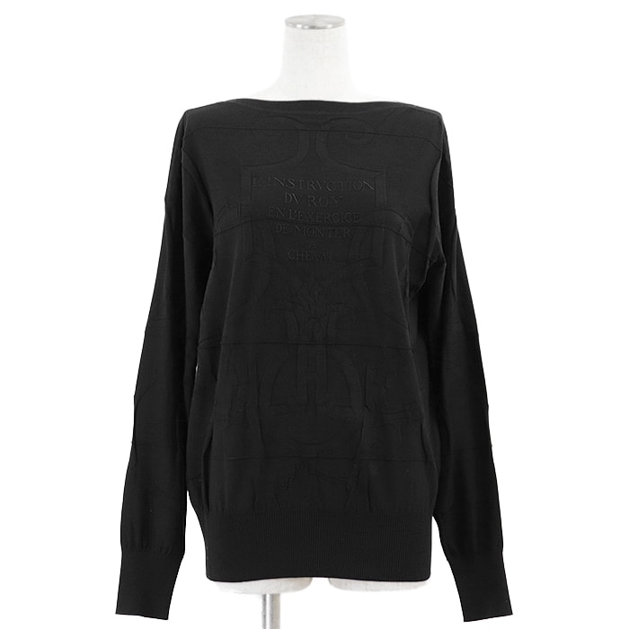 【美品】HERMES エルメス ハイゲージニットプルオーバー  2021SS L’INSTRVCTION 帝王学 ジャガード エンブロイダリー 刺繍 シルク × コットン 長袖 ストレッチ トップス レディース サイズ 36 ブラック 黒 イタリア製