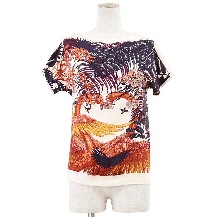 HERMES エルメス ニット 34 レディース FLAMINGO PARTY フラミンゴ・パーティ カレ柄 ツイルレーヌ コットン × シルク ハイゲージ コンビネーション プルオーバー クルーネック フレンチスリーブ 丸首 半袖 トップス アイボリー