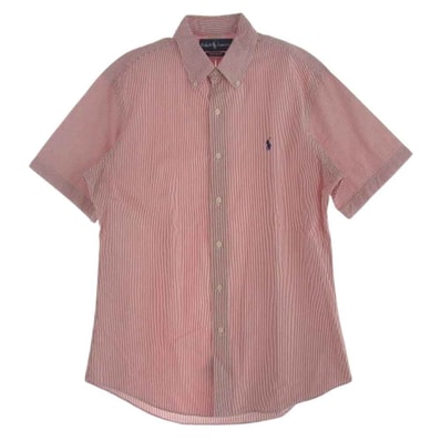 RALPH LAUREN ラルフローレン 半袖シャツ CUSTOM FIT シアサッカー ストライプ BD シャツ レッド系 M【中古】