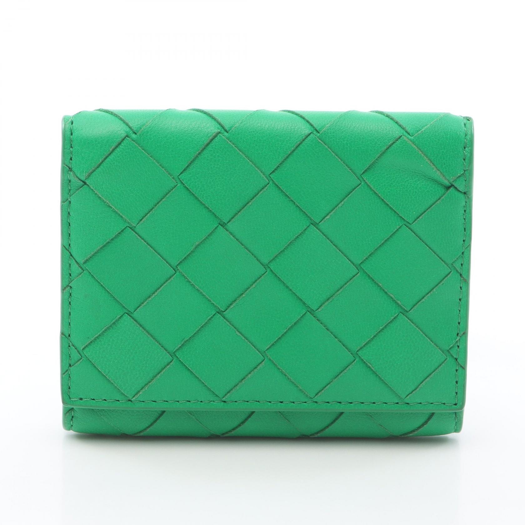 ボッテガヴェネタ BOTTEGA VENETA イントレチャート Wホック財布 財布 レザー レディース グリーン系 【中古】