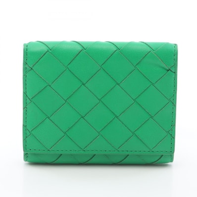 ボッテガヴェネタ BOTTEGA VENETA イントレチャート Wホック財布 財布 レザー レディース グリーン系 【中古】
