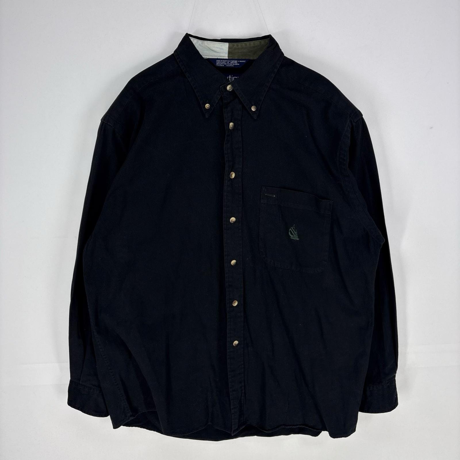 古着 90's/90年代 ノーティカ NAUTICA 長袖シャツ ワンポイント ボタンダウン 胸ポケット L  ブラック系 メンズ
