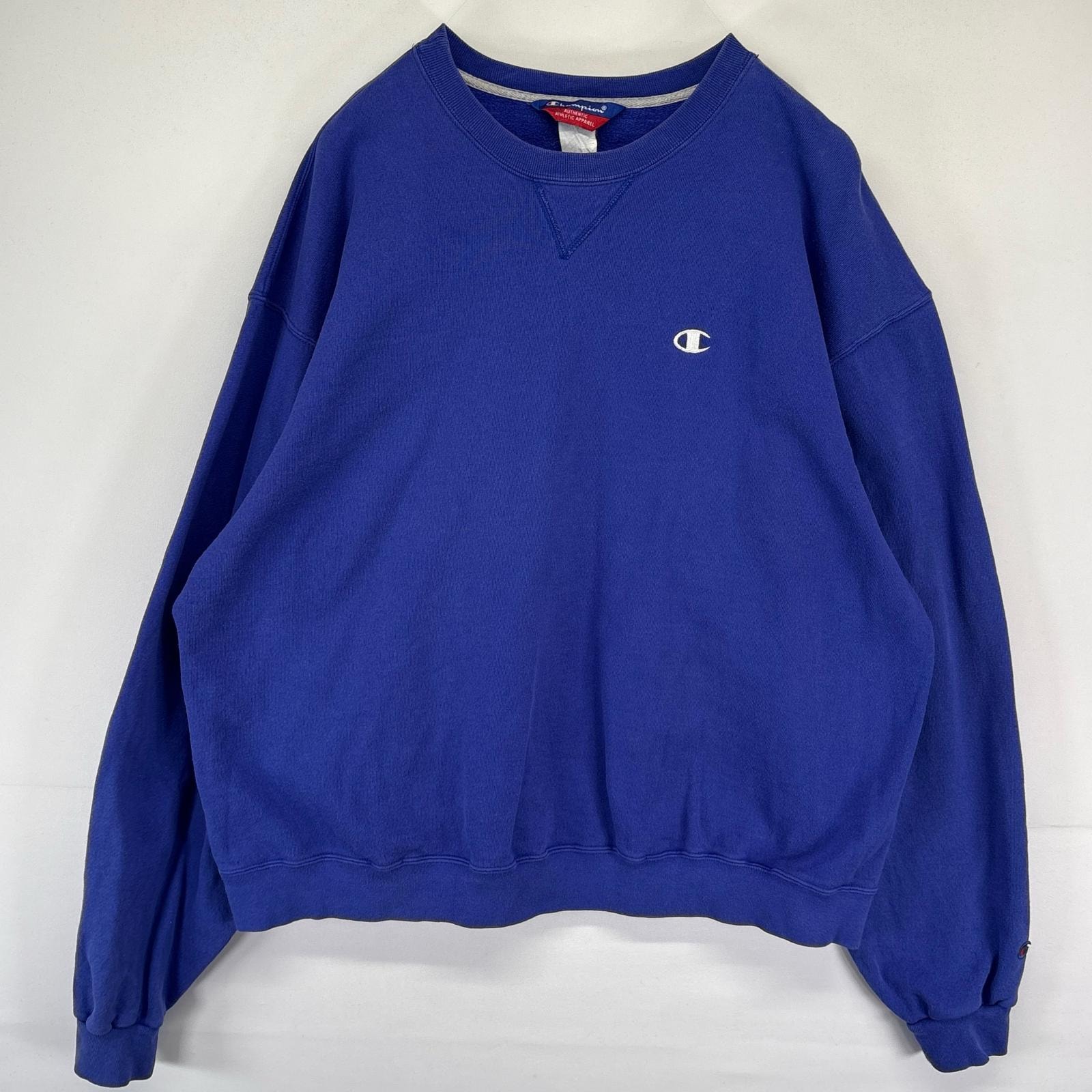 古着 チャンピオン Champion スウェット クルーネック 前V 大きいサイズ プルオーバー トレーナー ワンポイントロゴ 2XL ブルー系 メンズ