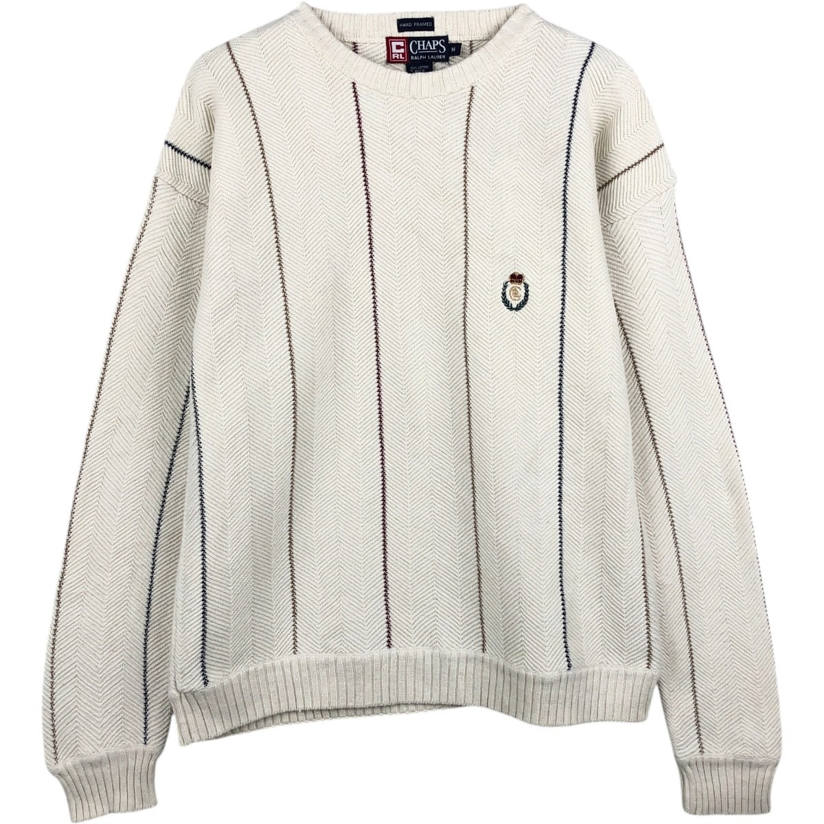 古着 ラルフローレン Ralph Lauren CHAPS チャップス HAND FRAMED ストライプ柄 ヘリンボーン コットンニットセーター メンズM相当/eaa684318