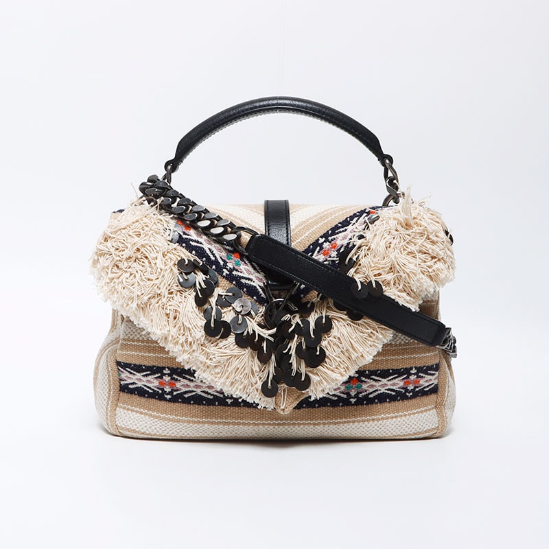 イヴ・サンローラン YSL カレッジ フリンジ ファブリック ショルダーバッグ【中古】