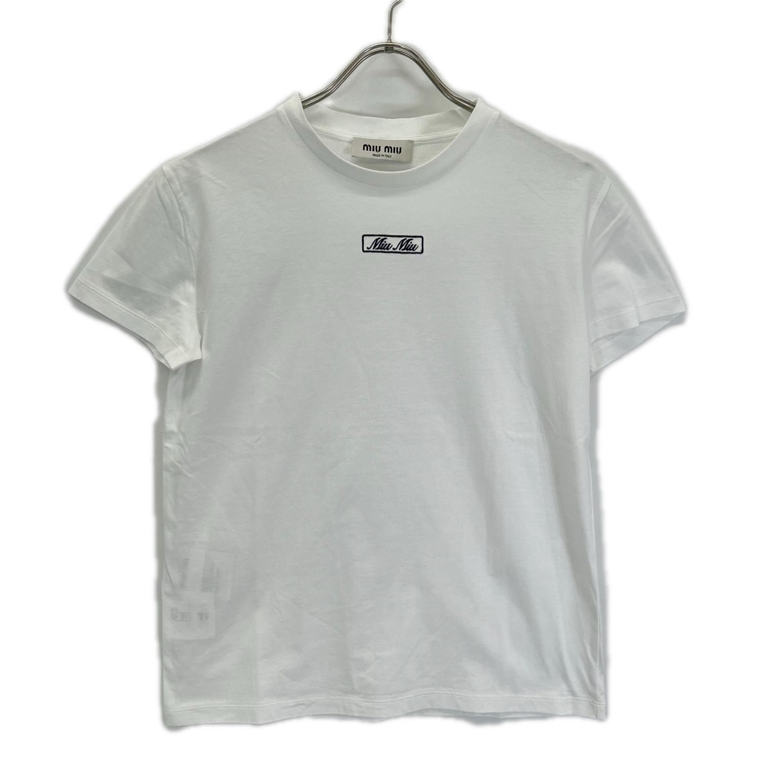 ミュウミュウ MJN383 23年 ホワイト ロゴ刺しゅう エンブロイダリー コットンジャージー Tシャツ S