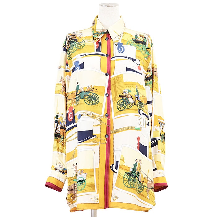 【美品】 エルメス 馬車とハット シルク100% サテン 長袖シャツ レディース マルチカラー 42 HERMES