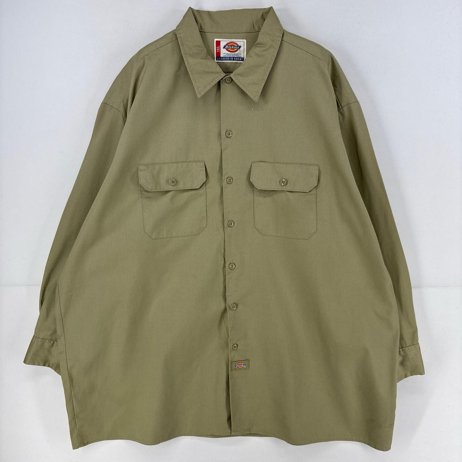 古着 ディッキーズ Dickies 長袖シャツ ワンポイント ロゴ 胸ポケット ワーク 大きいサイズ  作業着 3XL  ベージュ メンズ