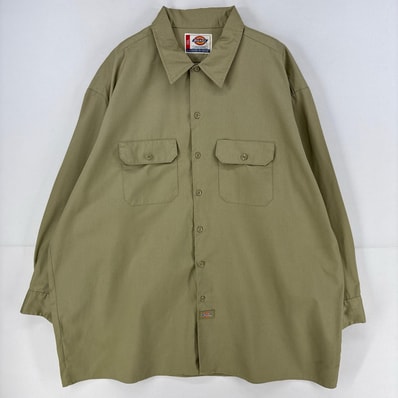 古着 ディッキーズ Dickies 長袖シャツ ワンポイント ロゴ 胸ポケット ワーク 大きいサイズ 作業着 3XL ベージュ メンズ