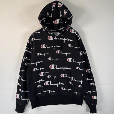 古着 チャンピオン Champion パーカー リバースウィーブ 復刻 ロゴプリント ワッペン フーディ LARGE ブラック 総柄 メンズ
