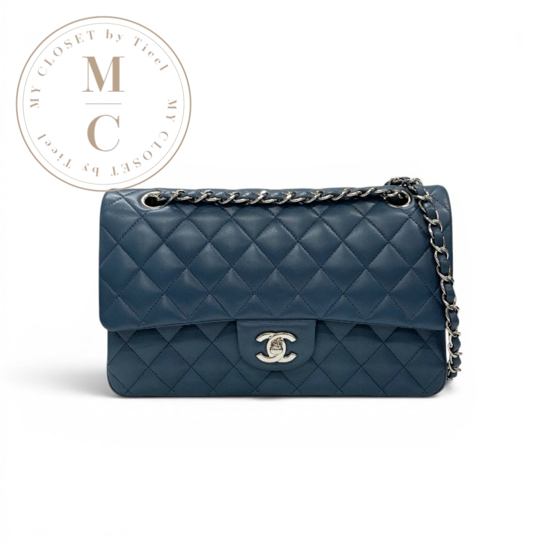 シャネル CHANEL バッグ ショルダーバッグ ラムスキン ブルー シルバー ココマーク マトラッセ25 ターンロック ダブルフラップ ダブルチェーン