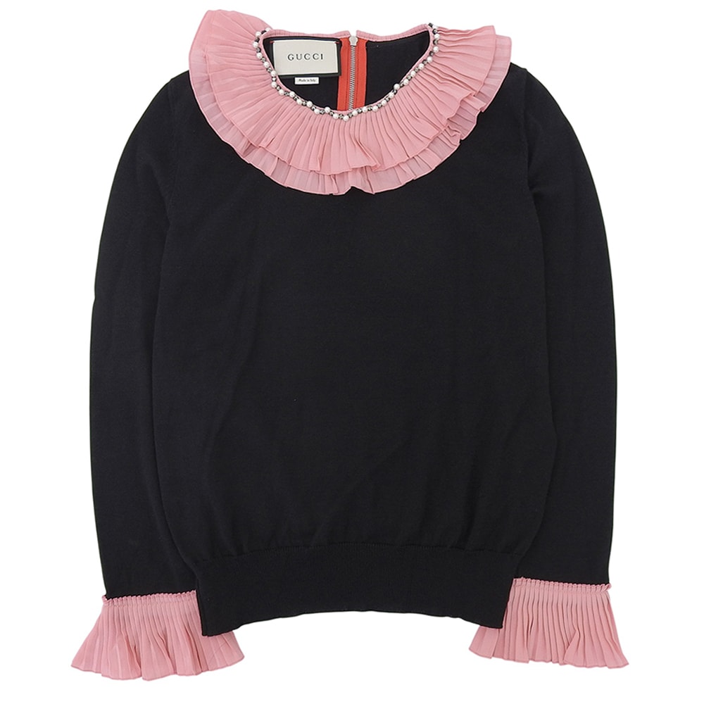 グッチ 美品 ウール プリーツ ラッフル ニット トップス レディース ブラック×ピンク M 472455 M