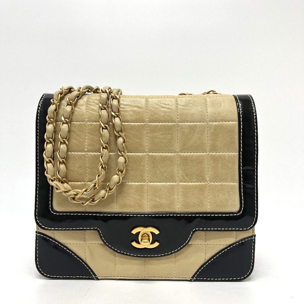 シャネル CHANEL バイカラー チョコバー ココマーク チェーン カバン バッグ 2WAYバッグ ハンドバッグ ショルダーバッグ レザー ベージュ
