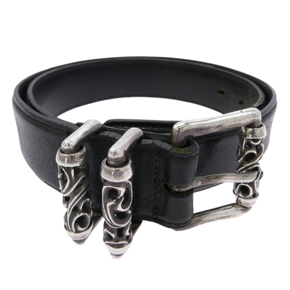 CHROME HEARTS クロムハーツ(原本無) ベルト 3PC ROLLER ローラーバックル レザー ベルト 34インチ ブラック系 シルバー系 34【中古】