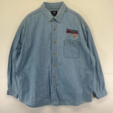 古着 90's/90年代 リー Lee デニム 長袖シャツ ボタンダウン 胸ポケット 大きいサイズ ロゴ 刺繍 2XL 水色系 メンズ