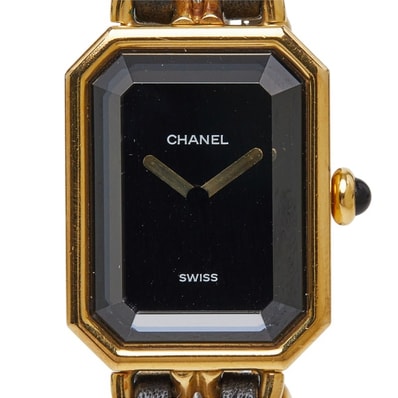 シャネル プルミエール L 腕時計 クオーツ ブラック文字盤 メッキ レザー レディース CHANEL 中古