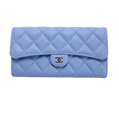 CHANEL シャネル 長財布 ロングフラップウォレット マトラッセ キャビアスキン AP0241 ブルー シルバー金具