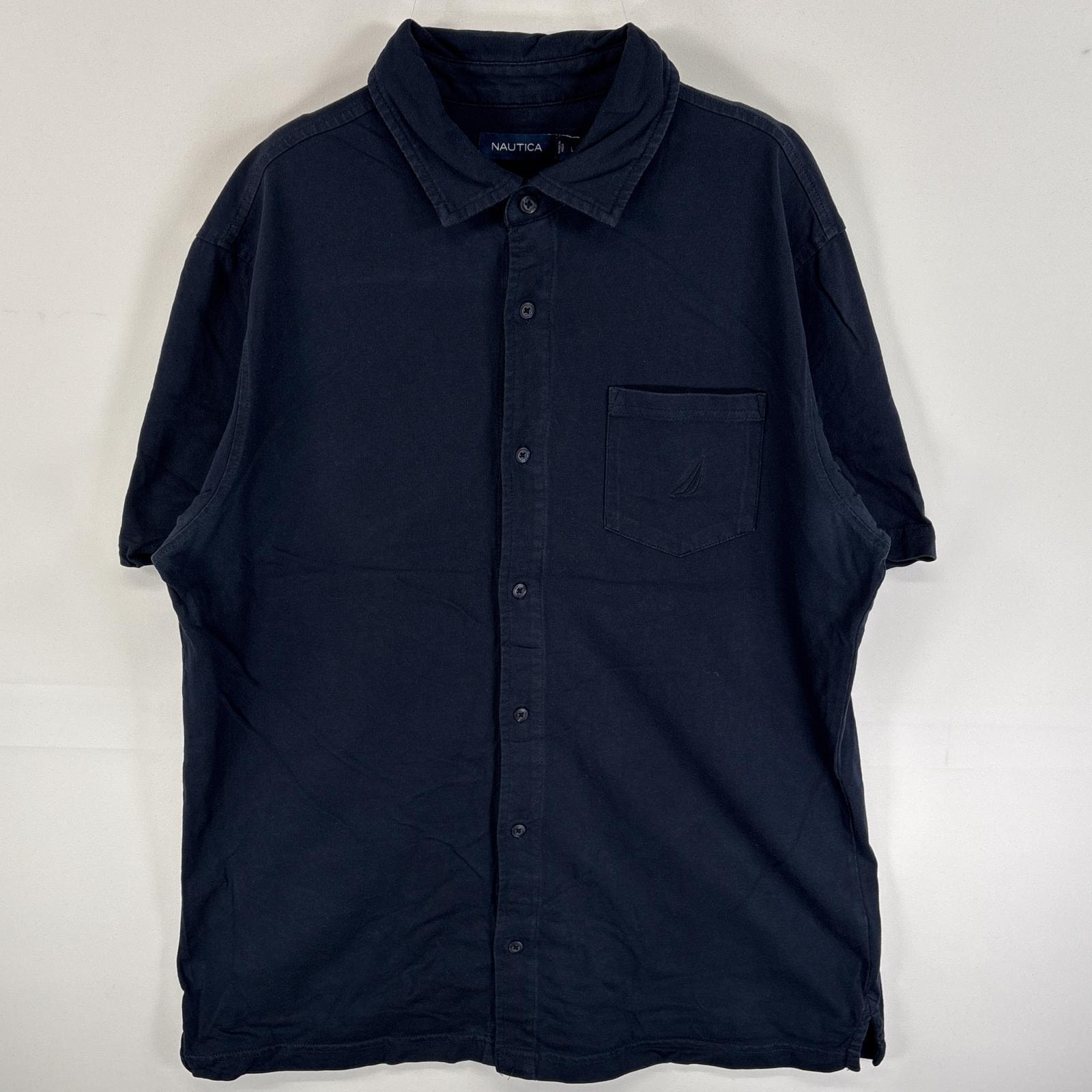古着 ノーティカ NAUTICA 半袖シャツ ワンポイント ロゴ 刺繍 胸ポケ スリット L  ネイビー 無地 メンズ