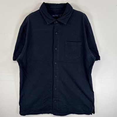 古着 ノーティカ NAUTICA 半袖シャツ ワンポイント ロゴ 刺繍 胸ポケ スリット L ネイビー 無地 メンズ