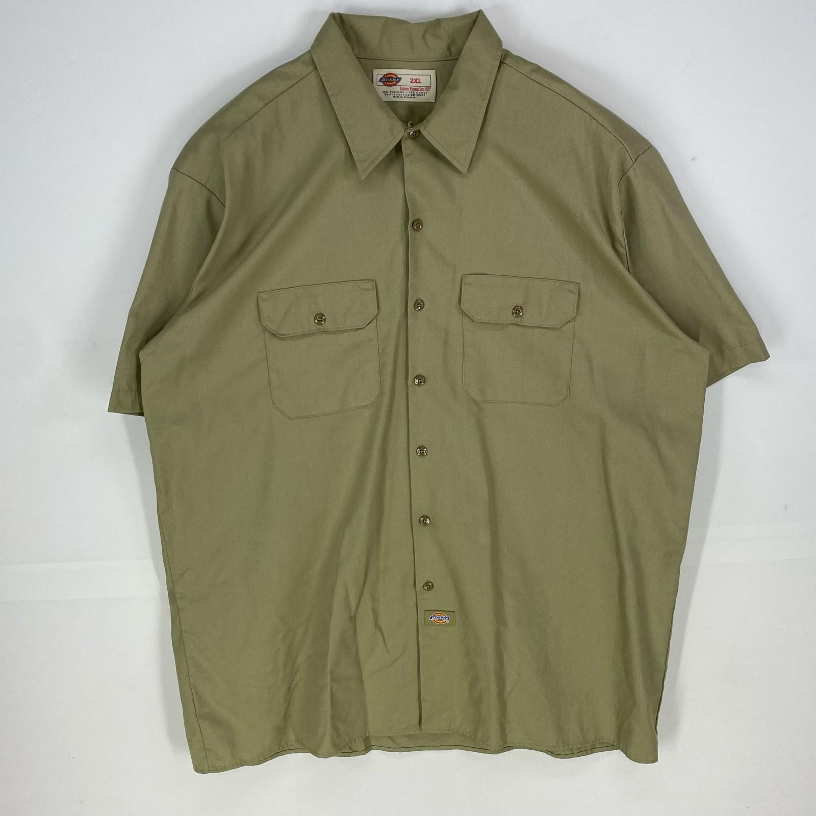 古着 ディッキーズ Dickies 半袖シャツ ワーク 胸ポケット ワンポイントロゴ 大きいサイズ ショートスリーブ 2XL ベージュ系 メンズ