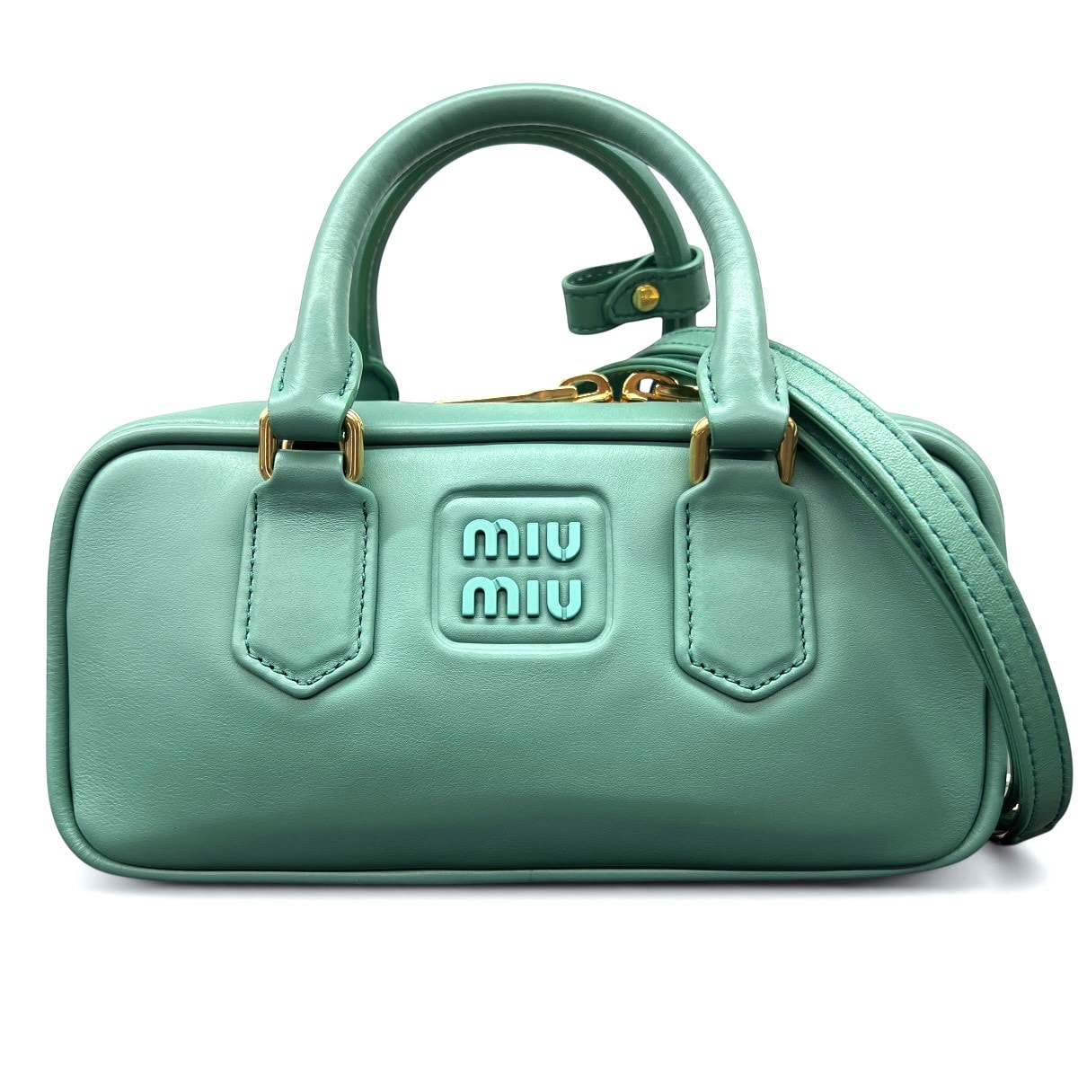 miumiu 展示品級 ミュウミュウ アルカディ レギュラー 2way ハンドバッグ ショルダーバッグ 5BB142 レザー ミント グリーン クロスボディ ポシェット ロゴ 美品 SAランク 中古 鑑定済 ミュウミュウハンドバッグ