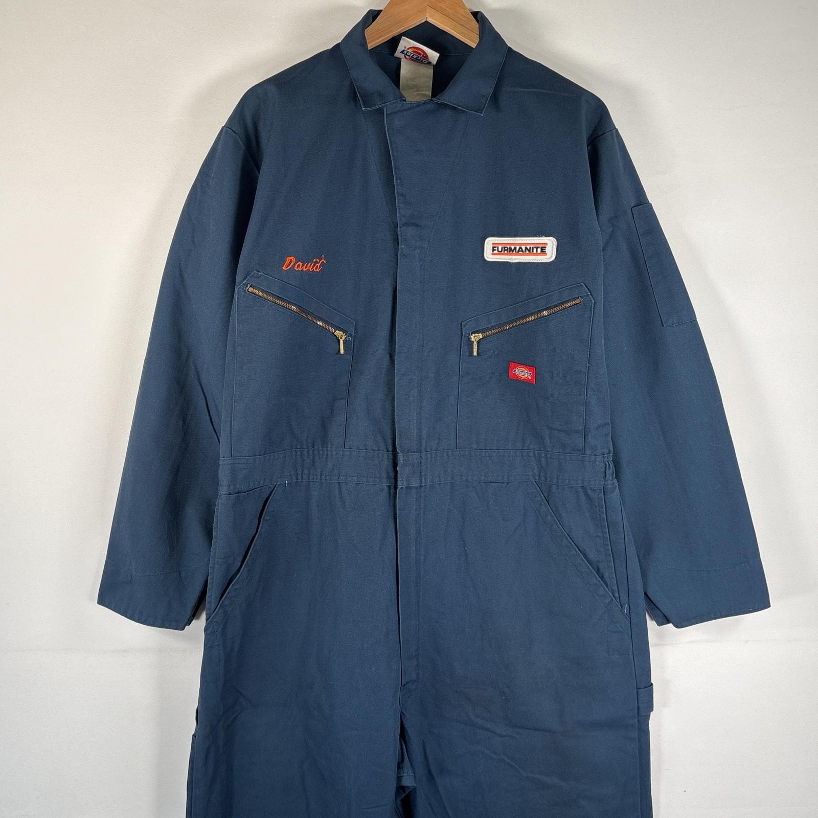 古着 ディッキーズ Dickies 長袖つなぎ オールインワン ワーク 作業着 大きいサイズ サイドポケット ワッペン ダブルファスナー  ネイビー メンズ
