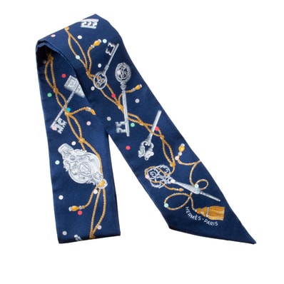 【未使用】HERMES エルメス ツイリー Les Cles a Pois レ・クレ・ア・ポア 063871S 07 2022SS スカーフ シルク ネイビー マルチカラー【中古】