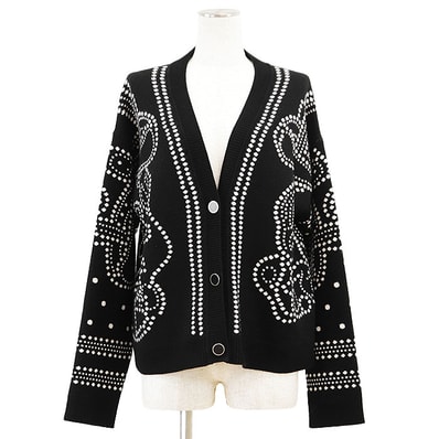 【極美品】HERMES エルメス ニットカーディガン BRIDES de GALA レディース サイズ 42 2023SS カシミヤ × コットン × ポリアミド メタルボタン Vネック ロングスリーブ 長袖 トップス ブラック アイボリー 黒 イタリア製