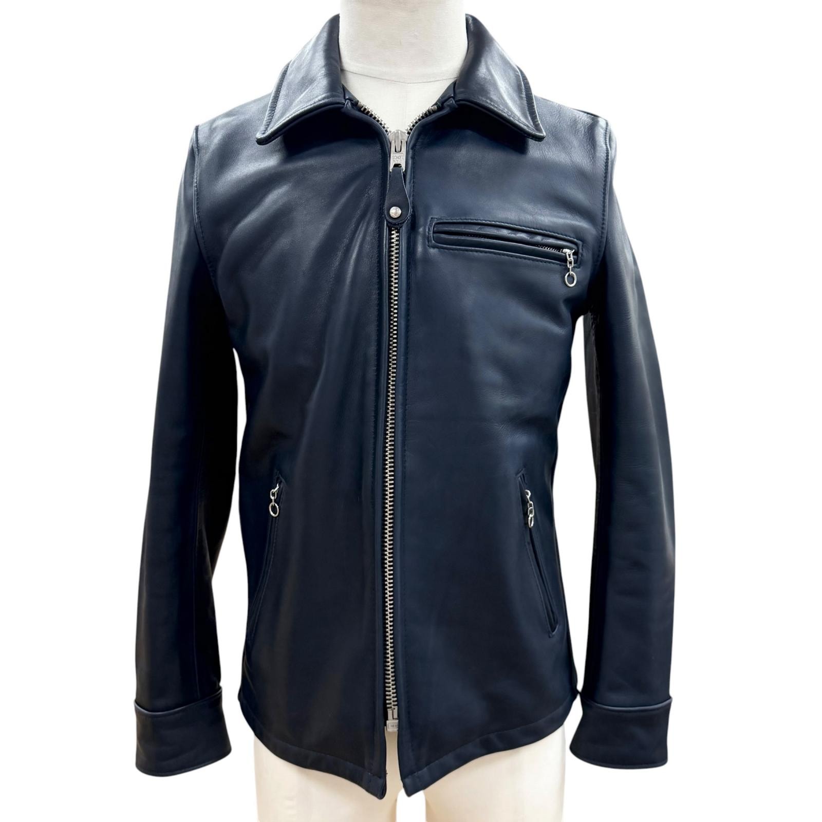 美品 ショット ライダースジャケット ネイビー メンズ 36 7143