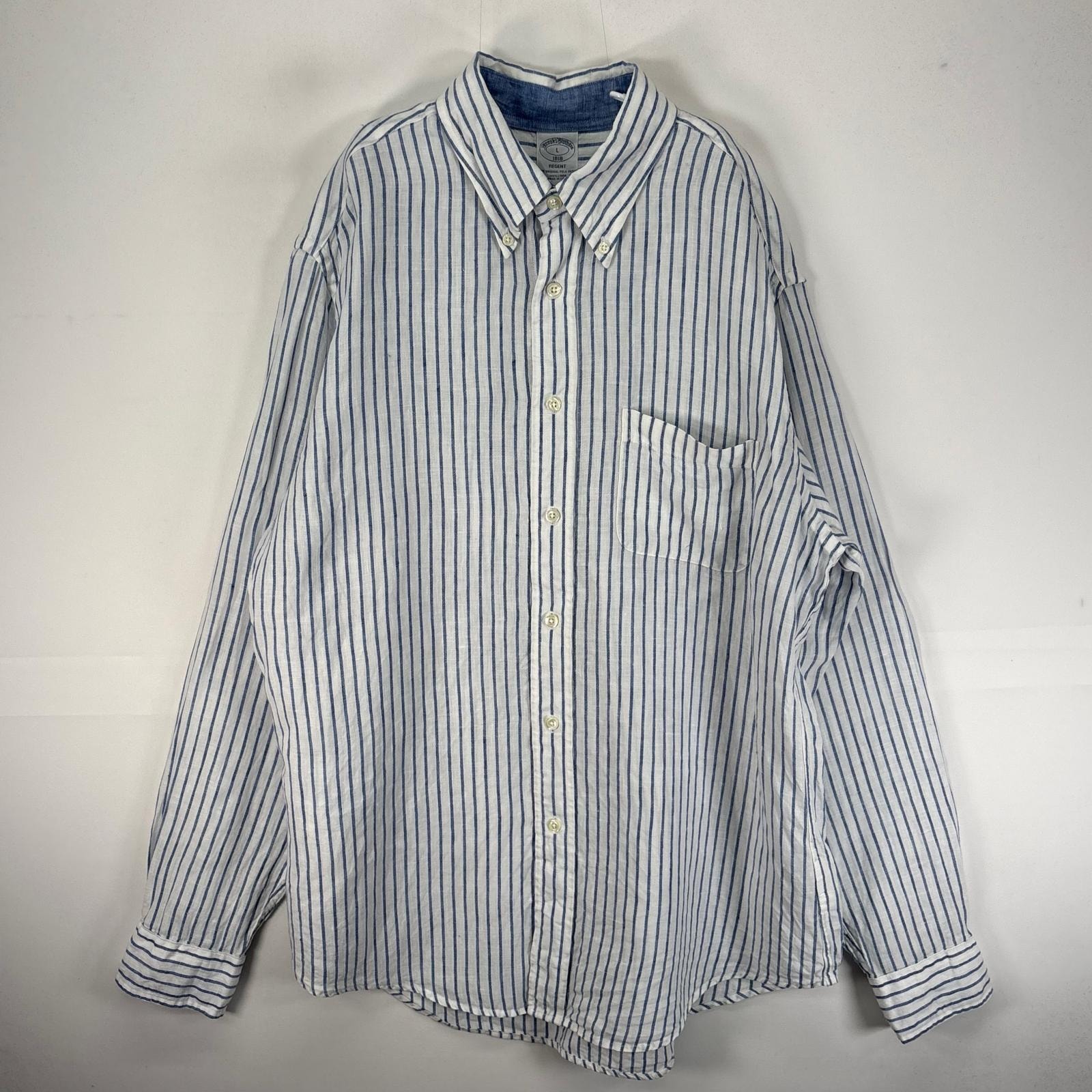 古着 ブルックスブラザーズ Brooks Brothers 長袖シャツ ボタンダウン リネン L  ブルー系 ストライプ メンズ