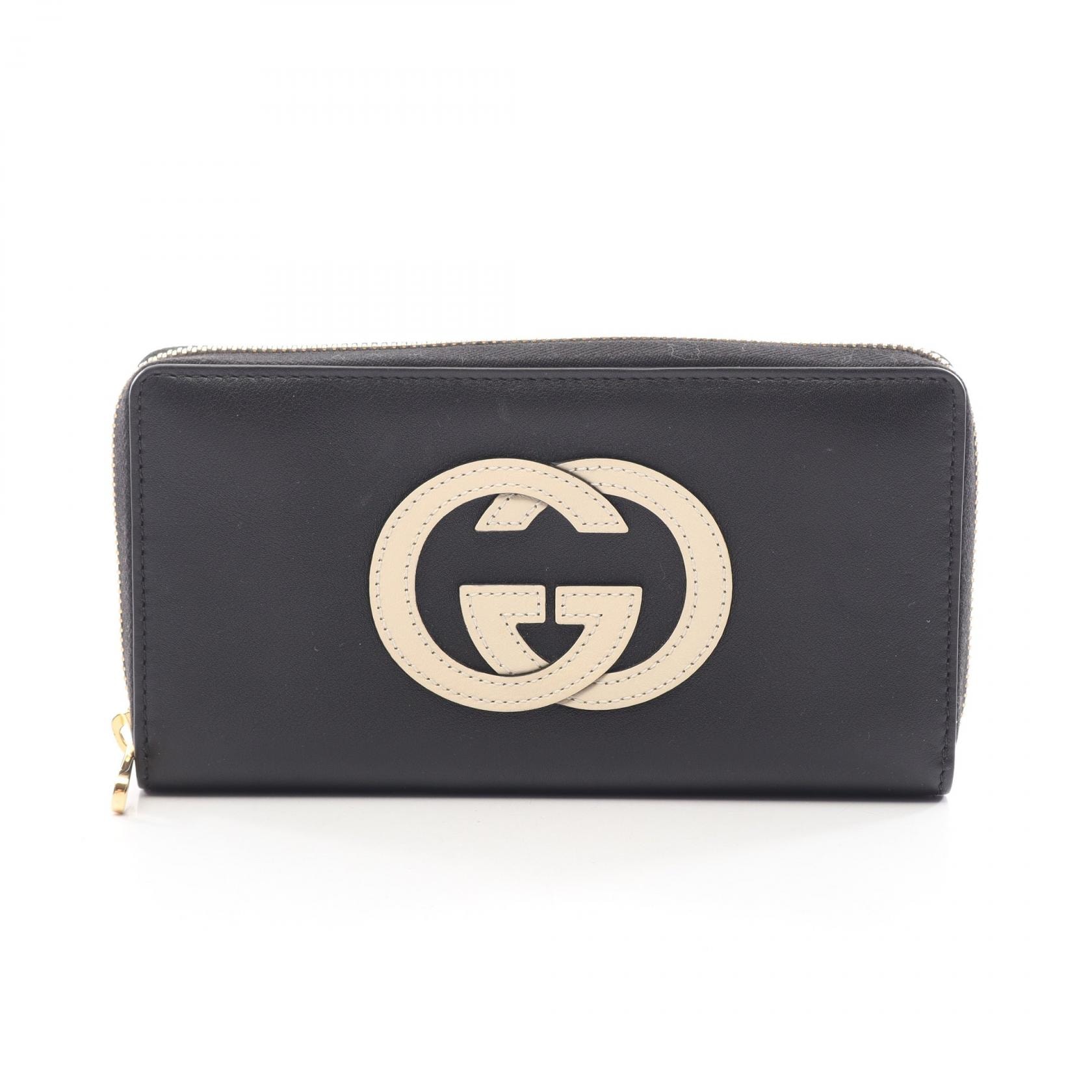 グッチ GUCCI バスケット ラウンド長財布 財布 レザー レディース ブラック系 / アイボリー系 658839 【中古】