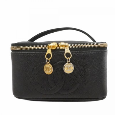 【6dc3408-k】シャネル バニティバッグ キャビアスキン ブラック ゴールド金具【中古】レディース