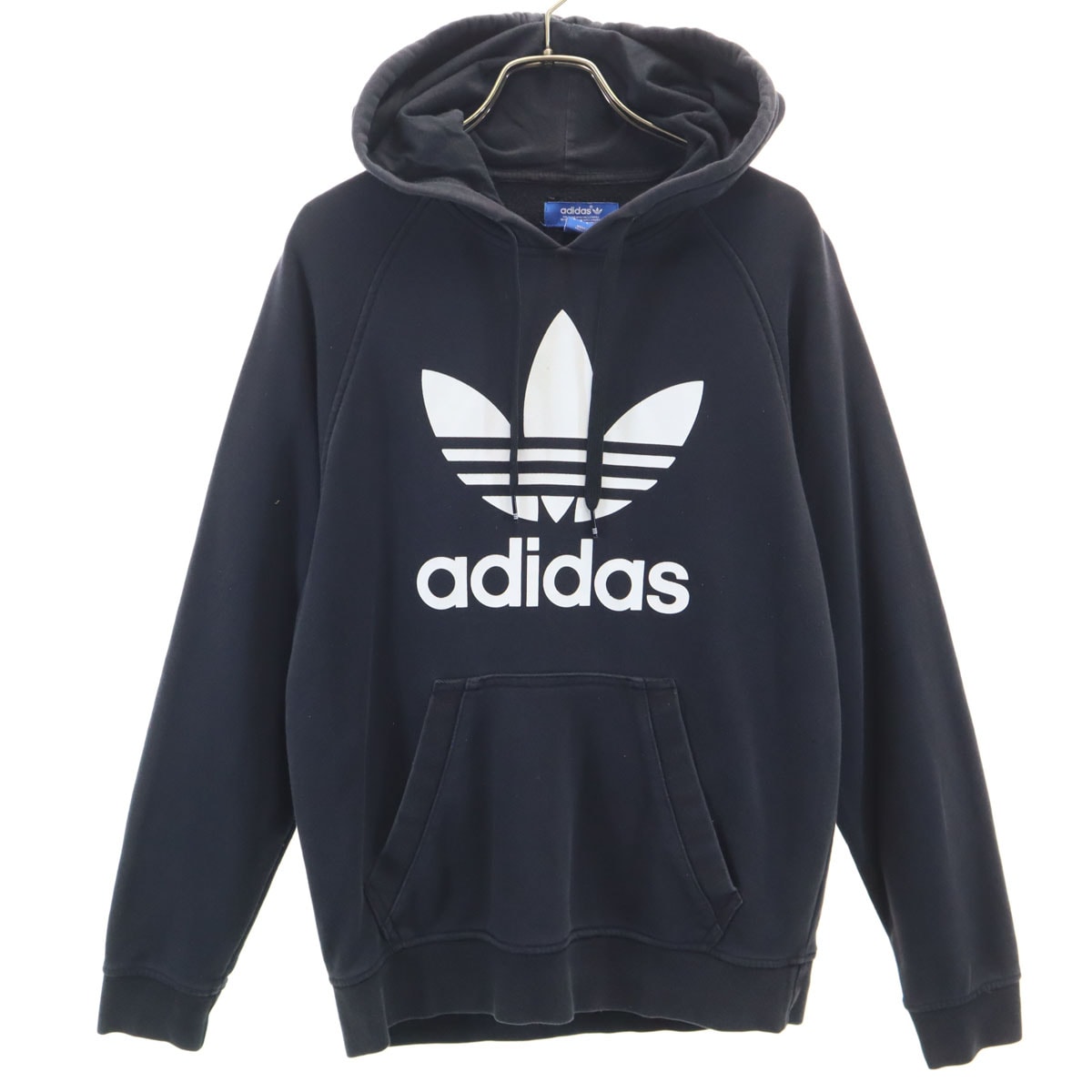 adidas アディダス トレフォイルロゴプリント 長袖 スウェットパーカー M ブラック プルオーバー