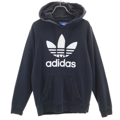 adidas アディダス トレフォイルロゴプリント 長袖 スウェットパーカー M ブラック プルオーバー