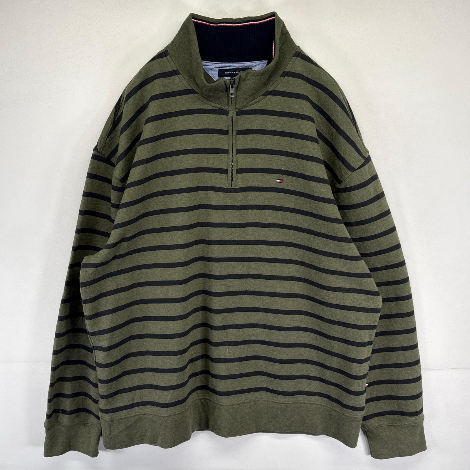古着 トミーヒルフィガー TOMMY HILFIGER スウェット トレーナー ハーフジップ ボーダー プルオーバー 2XL  グリーン系 メンズ
