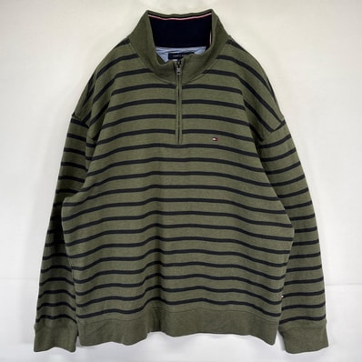 古着 トミーヒルフィガー TOMMY HILFIGER スウェット トレーナー ハーフジップ ボーダー プルオーバー 2XL グリーン系 メンズ