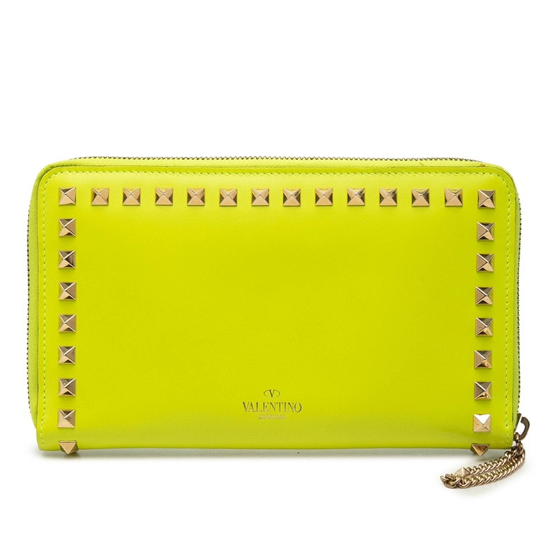 ヴァレンティノ ロックスタッズ ラウンドファスナー 長財布 オーガナイザー イエロー レザー メッキ レディース VALENTINO 【中古】