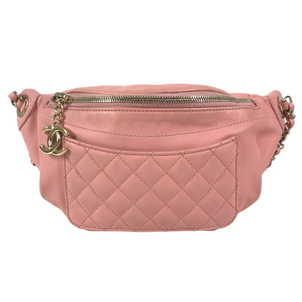 シャネル CHANEL CC ココマーク チェーン ベルトバッグ ウエストポーチ カバン クロス キルティング マトラッセ ボディバッグ レザー ピンク