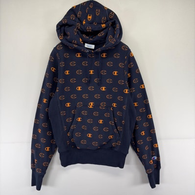古着 チャンピオン Champion パーカー スウェット プルオーバー ロゴ プリント リバースウィーブ 総柄 XS ネイビー系 総柄 メンズ