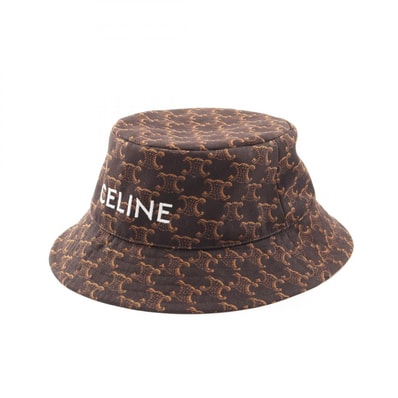 セリーヌ CELINE ロゴ刺繍 トリオンフ バケット ハット 帽子 コットン レディース ブラウン系 【中古】