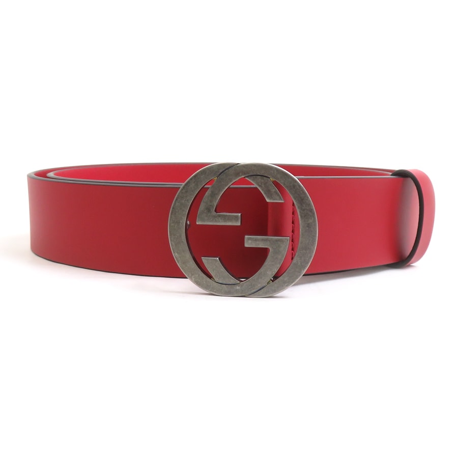 グッチ GUCCI ベルト インターロッキングG レザー/メタル レッド/ガンメタル メンズ 546389【中古】 e62209k