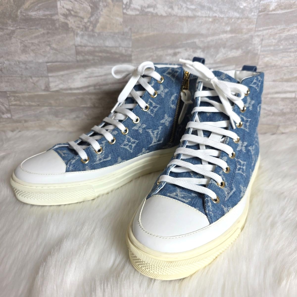 【再値下げ】LOUIS VUITTON ルイヴィトン ハイカット モノグラムデニム ステラーライン スニーカー モノグラムデニム/レザー  レディース 37 24cm 【中古】
