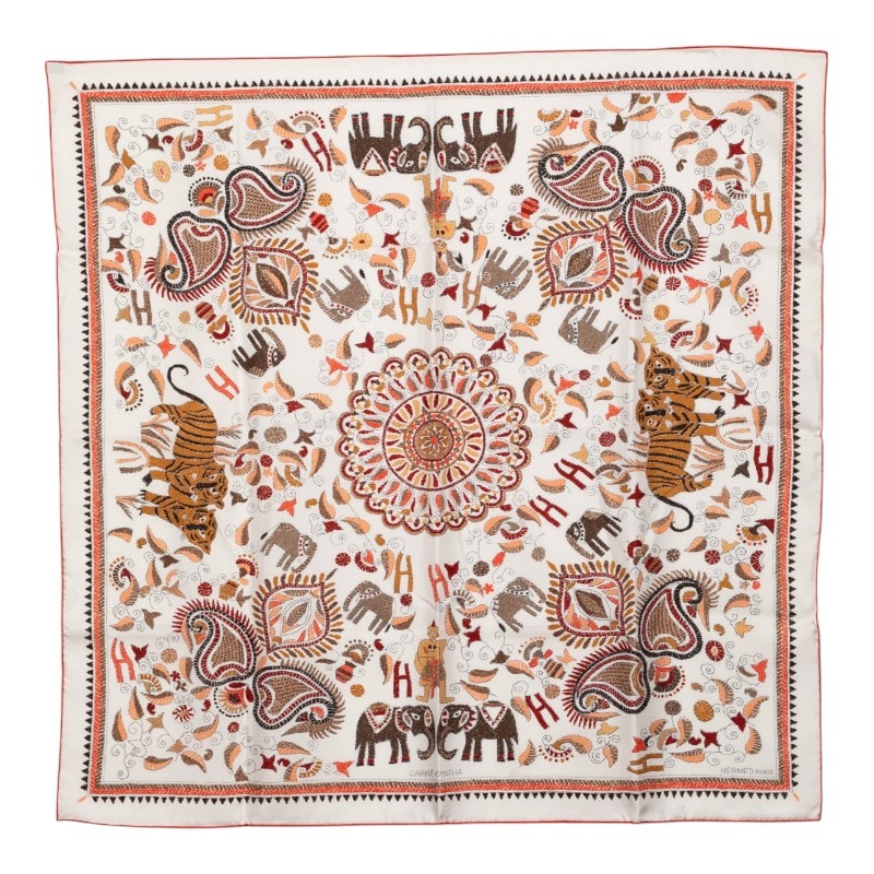 エルメス カレ90 Kantha カンタ スカーフ 大判 ホワイト マルチカラー シルク レディース HERMES 【中古】