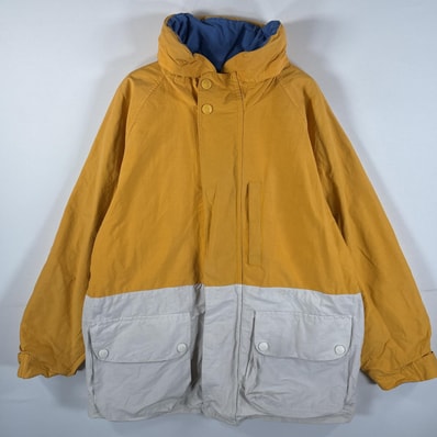 古着 90's/90年代 ノーティカ NAUTICA リバーシブルジャケット ビッグ刺繍ロゴ 収納フード フルジップ L イエロー ブルー メンズ