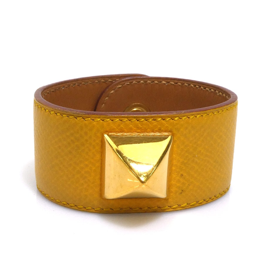 エルメス HERMES ブレスレット メドール レザー/メタル イエロー/ゴールド レディース【中古】 e61692a